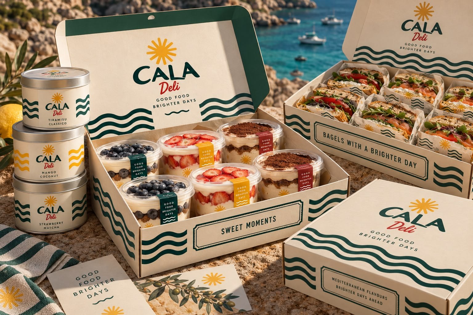 Cala Deli catering boxes &mdash; sandwiches, sweet cups and tins, open on a rocky shore