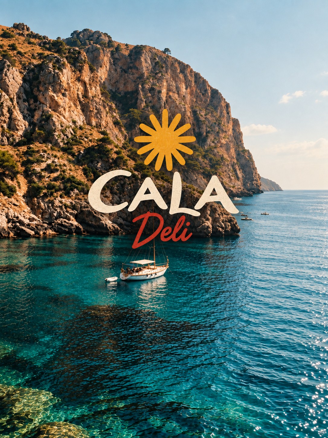 The Cala Deli mark over a sunlit cove &mdash; limestone cliffs, clear water and a moored sailboat