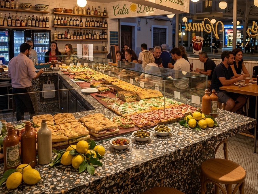 The Cala Deli counter at night &mdash; focaccia, pizza and lemons on terrazzo under warm globe lights