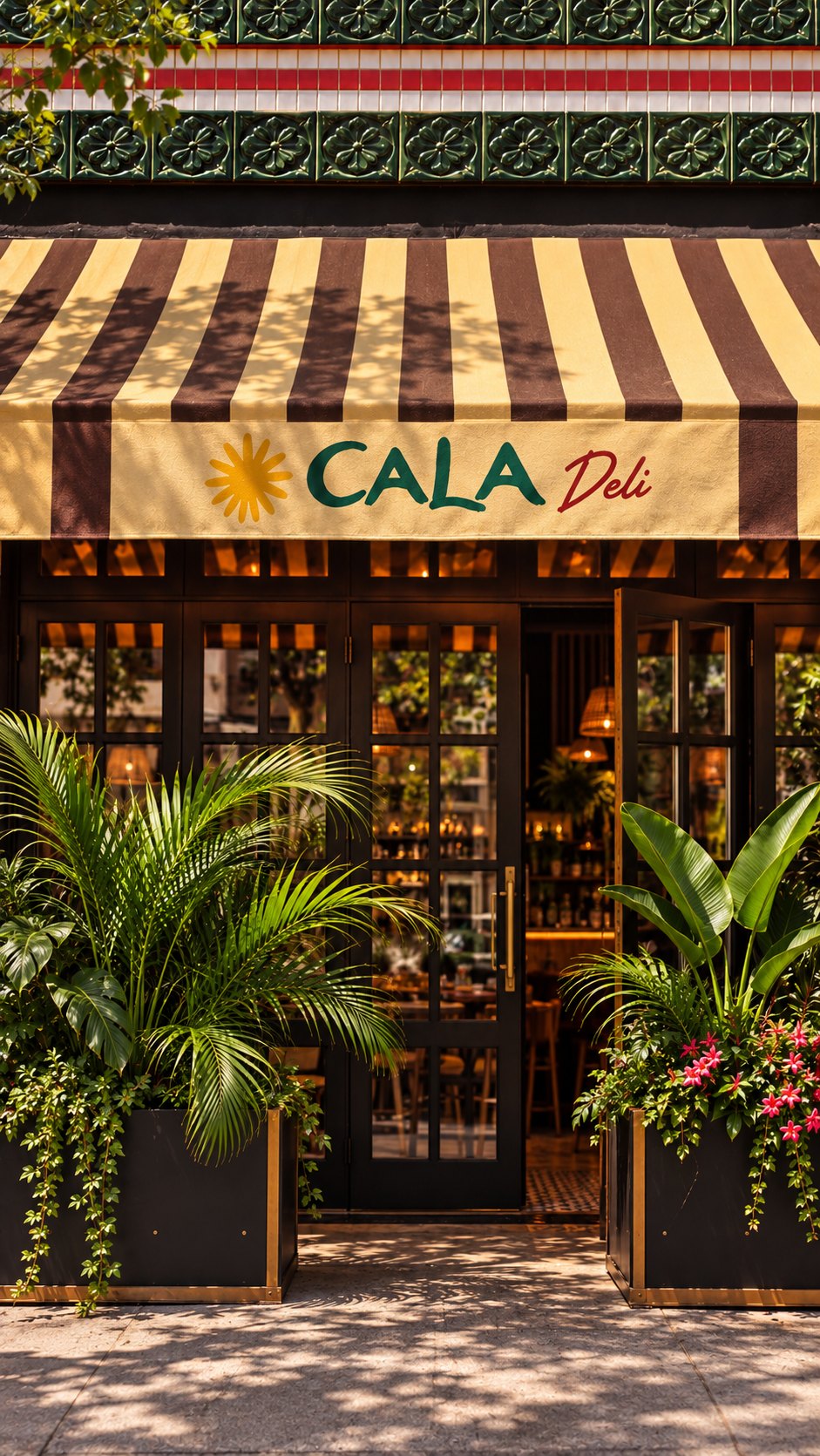 The Cala Deli shopfront &mdash; striped awning and green tiles in afternoon sun