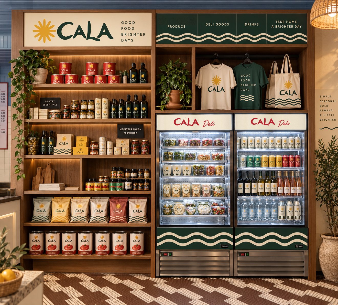 Cala Deli retail wall: timber shelves of branded tins, olive oil and pasta beside two glass fridges