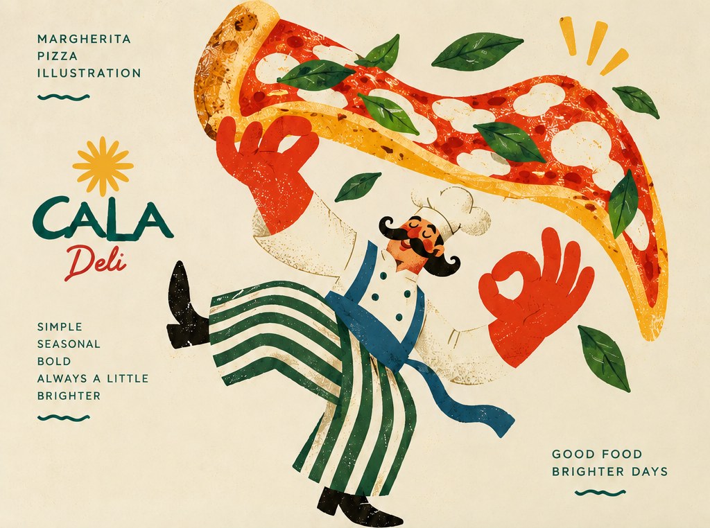 Cala Pizza &mdash; a chef in striped trousers tossing a margherita, basil leaves flying